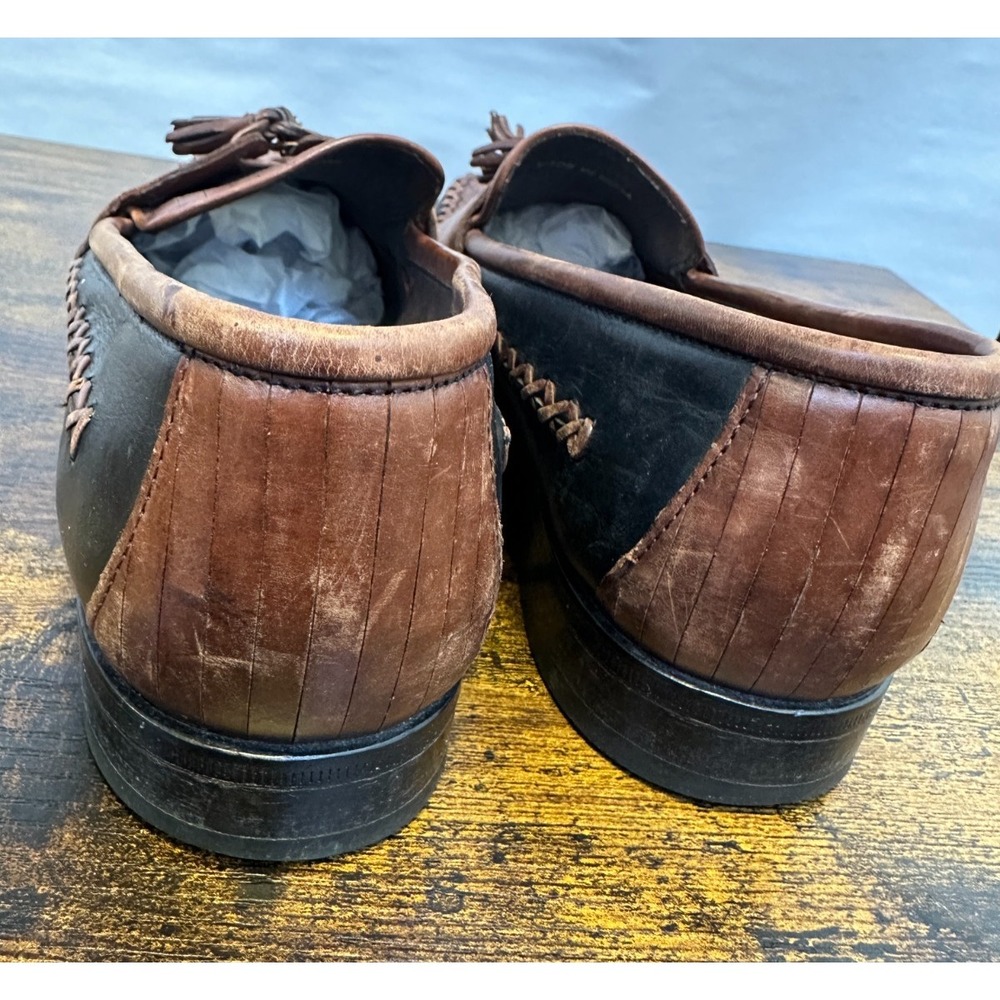 Cole Haan Two Tone Leather Tassel Kiltie Loafers Brown Black Woven Size 8 Shoes - Picture 11 of 13
